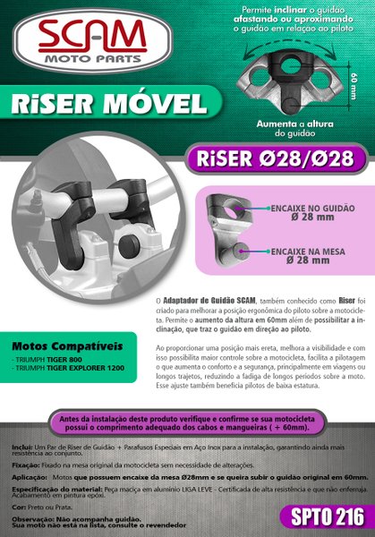 Alongador Guidão Riser Móvel 28/28MM Scam Tiger 800/900/1200