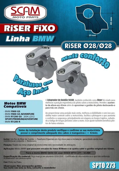 Alongador Guidão Riser Fixo 28/28 MM BMW F800/F850 GS/ADV Scam