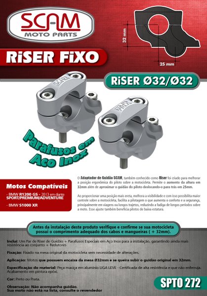 Adaptador Guidão Riser 32/32 Fixo Scam BMW R1200 GS/R1250 GS